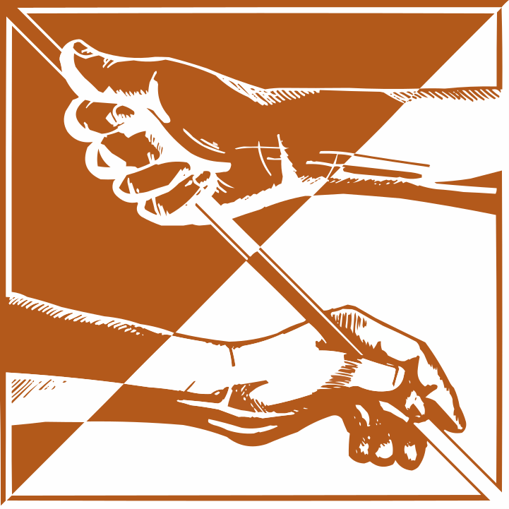 The FACERE-logo. Line-drawing of two hands, one holding a tool, one writing. The tool/pen merge into one another.